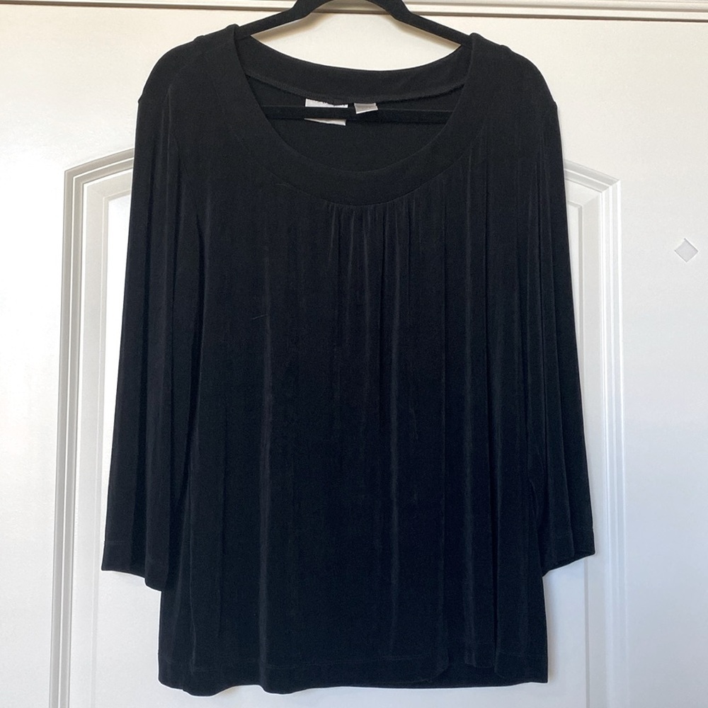 Chico’s Travelers gathered front Top blouse Womens Black stretch slinky Sz 3